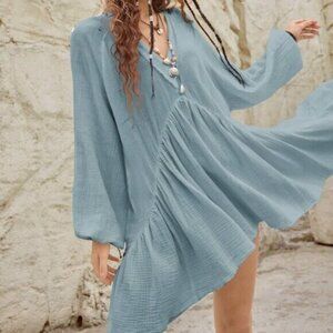Dusty Blue Cute Women's Solid Color V-Neck Backless Vacation Style Dress